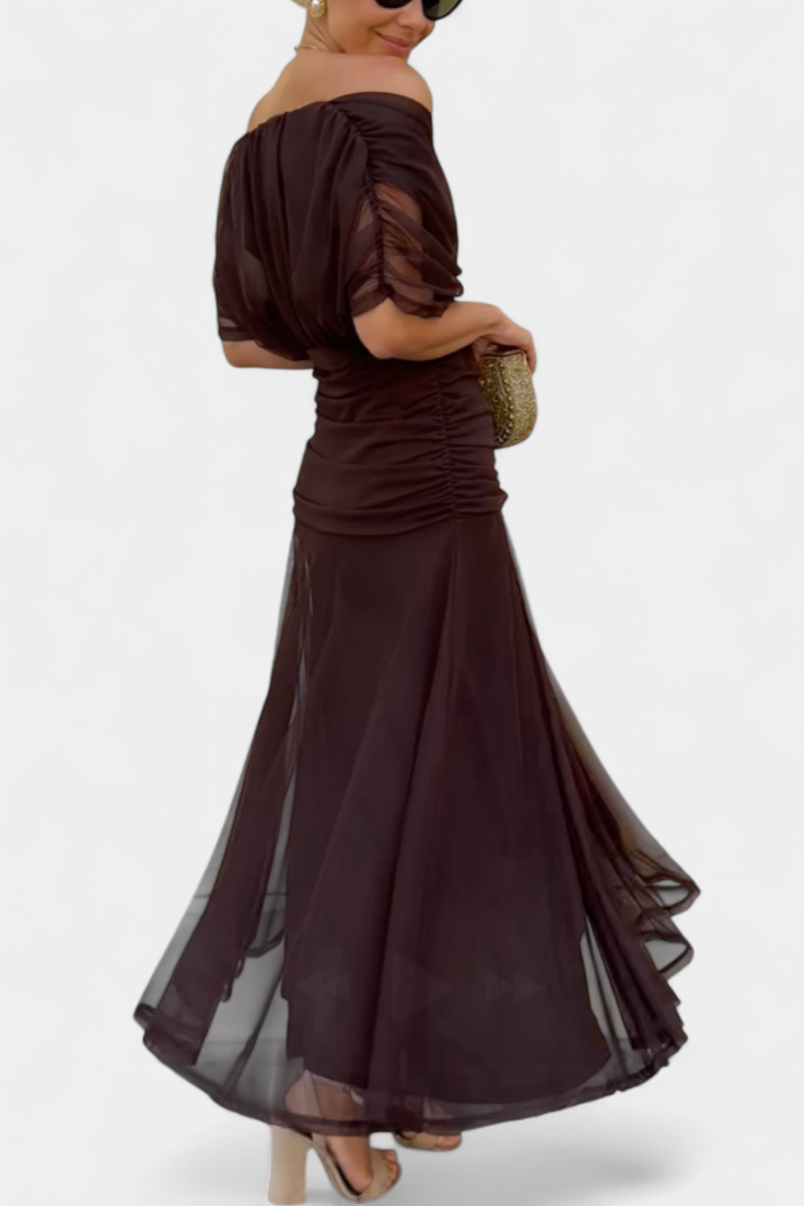 Women's Elegant Off-Shoulder Midi Dress Draped Ruched Bodice Floral Feminine – Lowenna - Lolly 