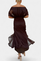 Women's Elegant Off-Shoulder Midi Dress Draped Ruched Bodice Floral Feminine – Lowenna - Lolly 