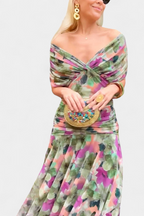 Women's Elegant Off-Shoulder Midi Dress Draped Ruched Bodice Floral Feminine – Lowenna - Lolly 