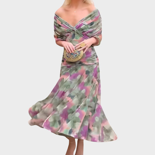 Women's Elegant Off-Shoulder Midi Dress Draped Ruched Bodice Floral Feminine – Lowenna - Lolly 