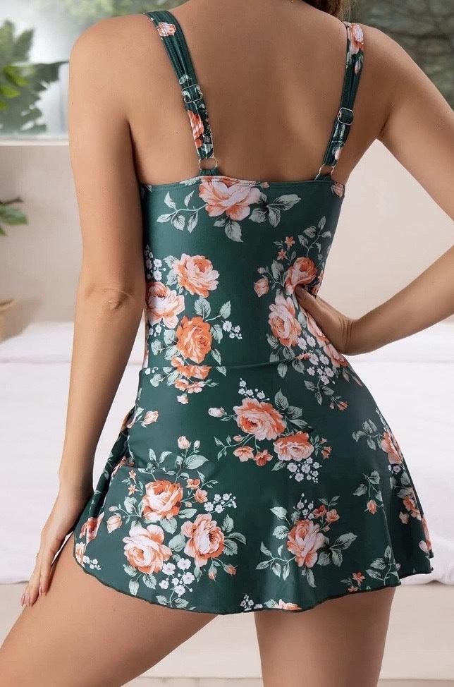 Women's Elegant One-Piece Swim Dress Tummy Control Flared Skirt Side Tie Floral Beach Summer Swimsuit – Multicolor - Lolly 
