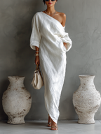 Women's Elegant One-Shoulder Long Dress Cotton Linen Flowing Formal Party Wedding Guest – Ivory White - Lolly 