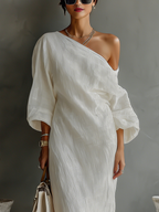 Women's Elegant One-Shoulder Long Dress Cotton Linen Flowing Formal Party Wedding Guest – Ivory White - Lolly 