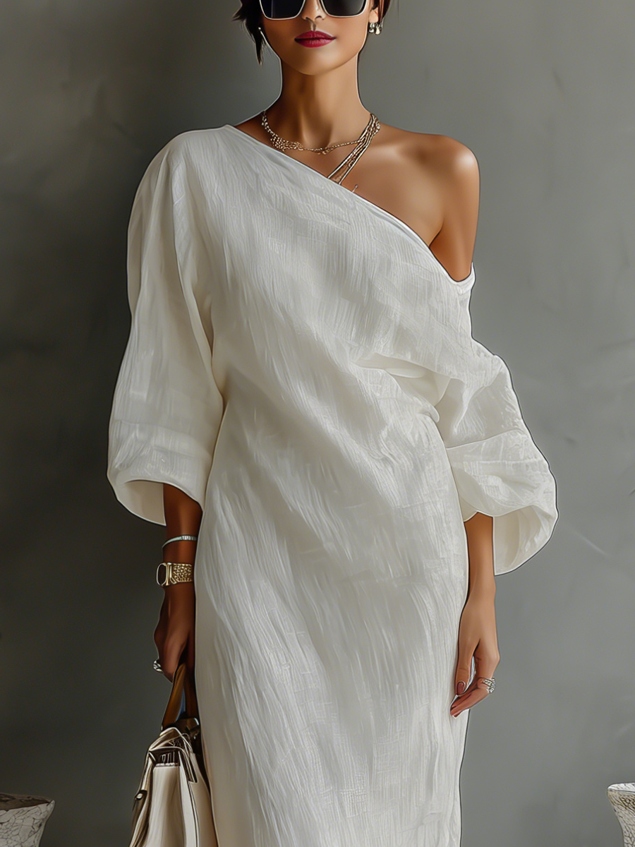 Women's Elegant One-Shoulder Long Dress Cotton Linen Flowing Formal Party Wedding Guest – Ivory White - Lolly 