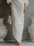 Women's Elegant One-Shoulder Long Dress Cotton Linen Flowing Formal Party Wedding Guest – Ivory White - Lolly 