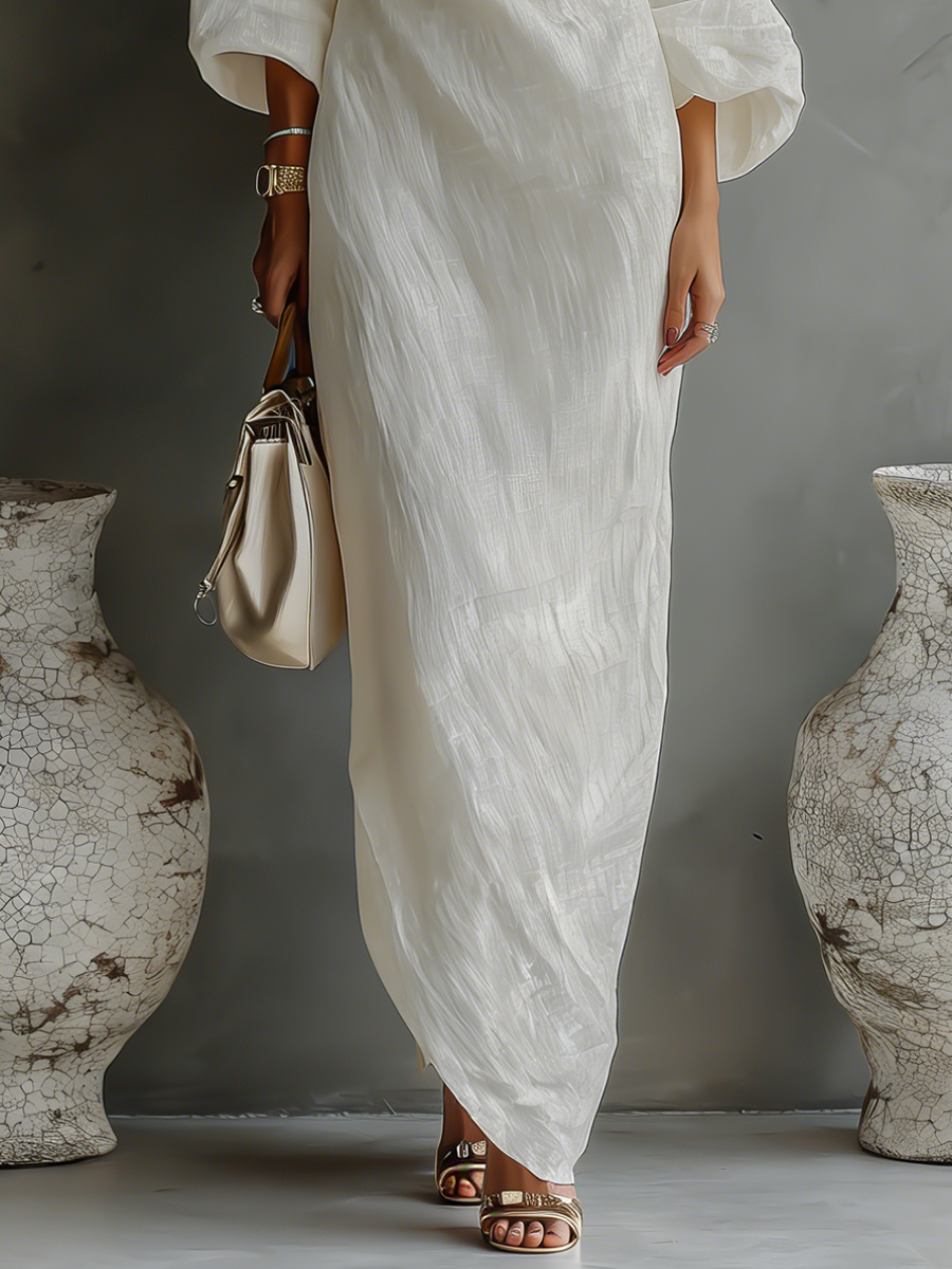 Women's Elegant One-Shoulder Long Dress Cotton Linen Flowing Formal Party Wedding Guest – Ivory White - Lolly 
