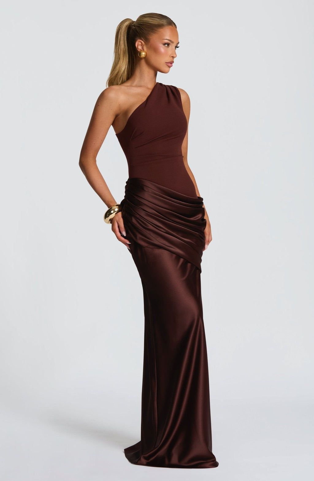 Women's Elegant One-Shoulder Satin Long Dress Crepe Bodice Draped Wedding Guest Formal Party Dress – Ophelia Chocolate - Lolly 