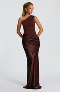 Women's Elegant One-Shoulder Satin Long Dress Crepe Bodice Draped Wedding Guest Formal Party Dress – Ophelia Chocolate - Lolly 