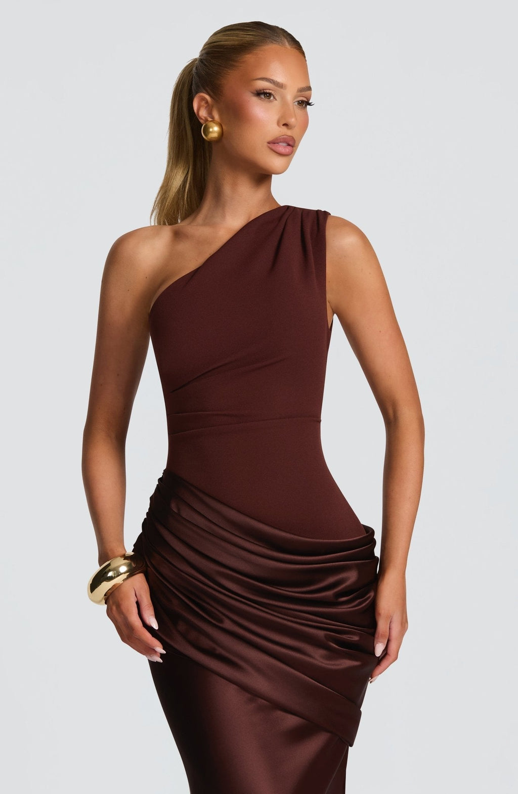 Women's Elegant One-Shoulder Satin Long Dress Crepe Bodice Draped Wedding Guest Formal Party Dress – Ophelia Chocolate - Lolly 