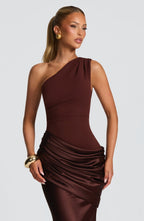 Women's Elegant One-Shoulder Satin Long Dress Crepe Bodice Draped Wedding Guest Formal Party Dress – Ophelia Chocolate - Lolly 
