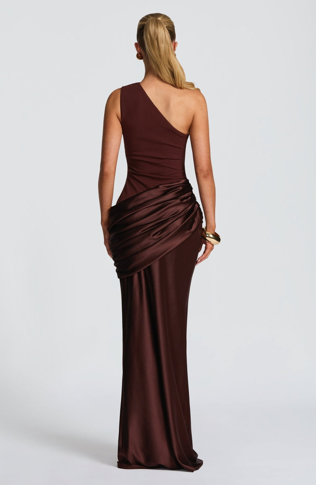 Women's Elegant One-Shoulder Satin Long Dress Crepe Bodice Draped Wedding Guest Formal Party Dress – Ophelia Chocolate - Lolly 