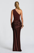 Women's Elegant One-Shoulder Satin Long Dress Crepe Bodice Draped Wedding Guest Formal Party Dress – Ophelia Chocolate - Lolly 