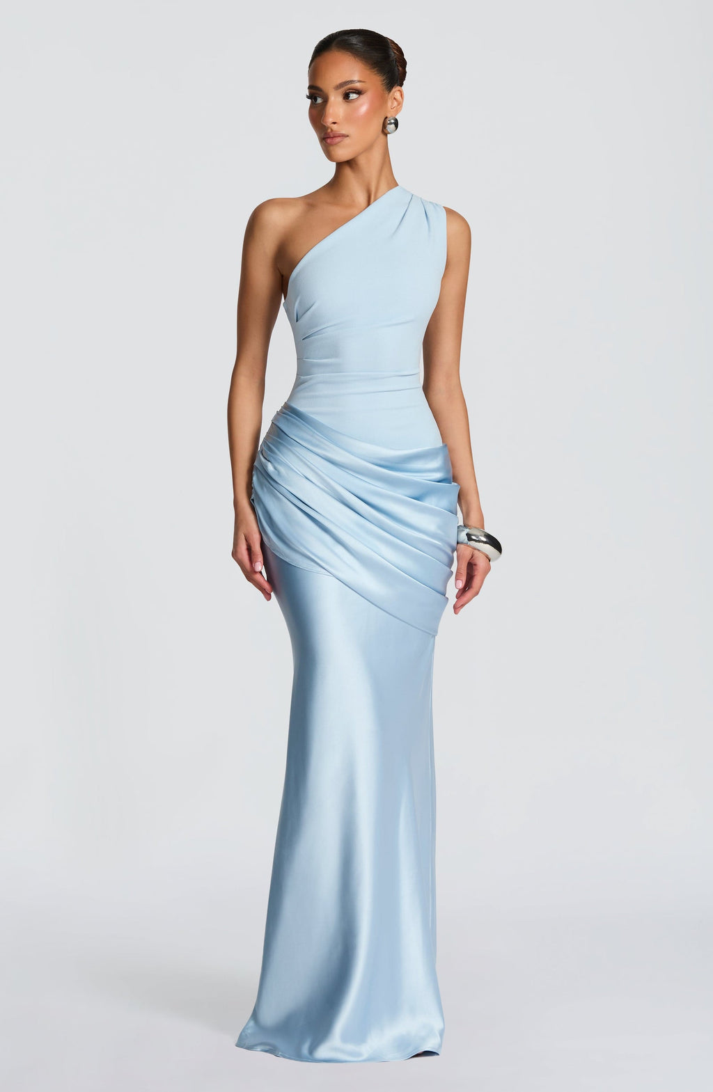 Women's Elegant One-Shoulder Satin Long Dress Crepe Bodice Draped Wedding Guest Formal Party Dress – Ophelia Chocolate - Lolly 