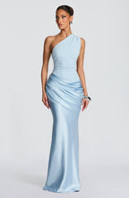 Women's Elegant One-Shoulder Satin Long Dress Crepe Bodice Draped Wedding Guest Formal Party Dress – Ophelia Chocolate - Lolly 