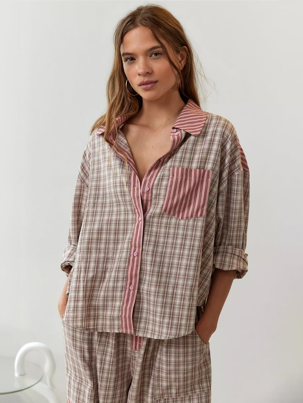 Women's Elegant Plaid Pajama Set Long Sleeve Shirt Wide Leg Pants Soft Casual Loungewear – Sara - Lolly 