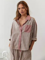 Women's Elegant Plaid Pajama Set Long Sleeve Shirt Wide Leg Pants Soft Casual Loungewear – Sara - Lolly 