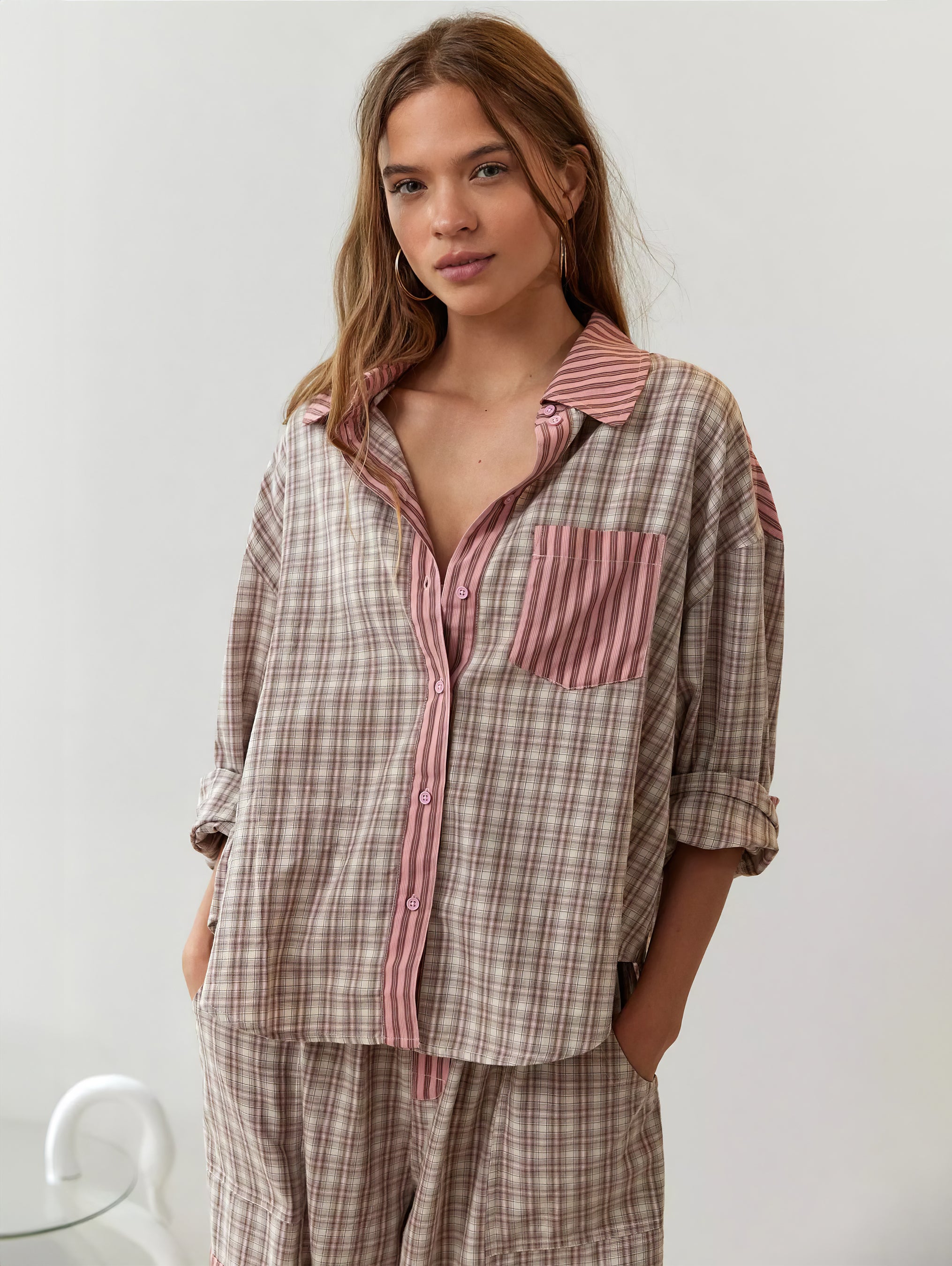 Women's Elegant Plaid Pajama Set Long Sleeve Shirt Wide Leg Pants Soft Casual Loungewear – Sara - Lolly 