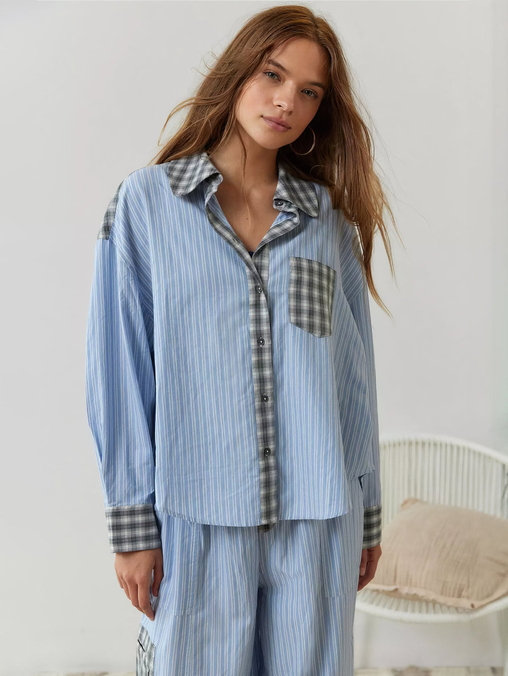 Women's Elegant Plaid Pajama Set Long Sleeve Shirt Wide Leg Pants Soft Casual Loungewear – Sara - Lolly 