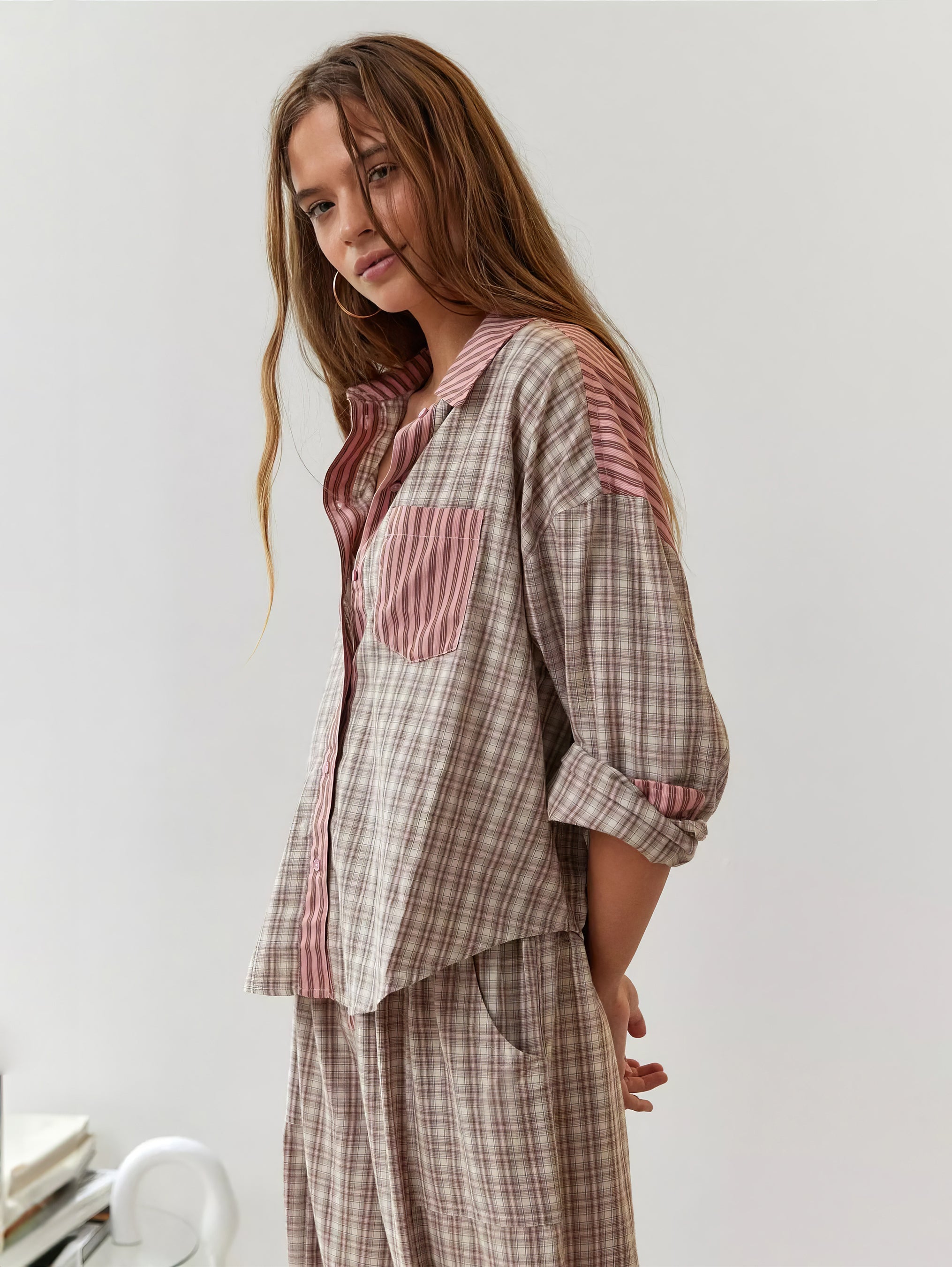 Women's Elegant Plaid Pajama Set Long Sleeve Shirt Wide Leg Pants Soft Casual Loungewear – Sara - Lolly 