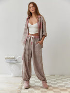 Women's Elegant Plaid Pajama Set Long Sleeve Shirt Wide Leg Pants Soft Casual Loungewear – Sara - Lolly 