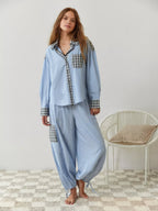 Women's Elegant Plaid Pajama Set Long Sleeve Shirt Wide Leg Pants Soft Casual Loungewear – Sara - Lolly 
