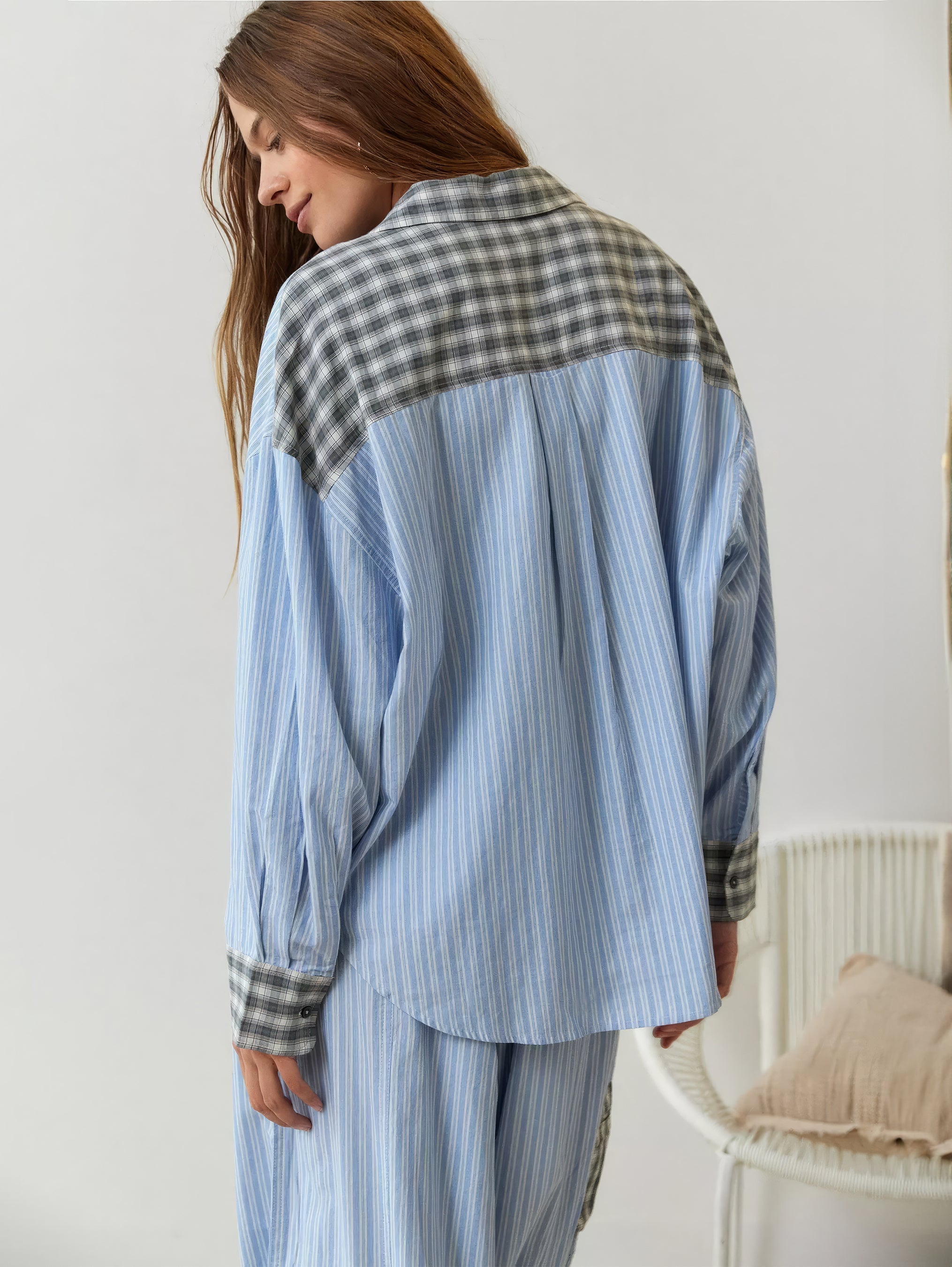 Women's Elegant Plaid Pajama Set Long Sleeve Shirt Wide Leg Pants Soft Casual Loungewear – Sara - Lolly 