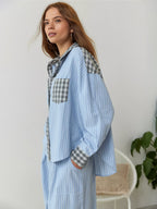 Women's Elegant Plaid Pajama Set Long Sleeve Shirt Wide Leg Pants Soft Casual Loungewear – Sara - Lolly 