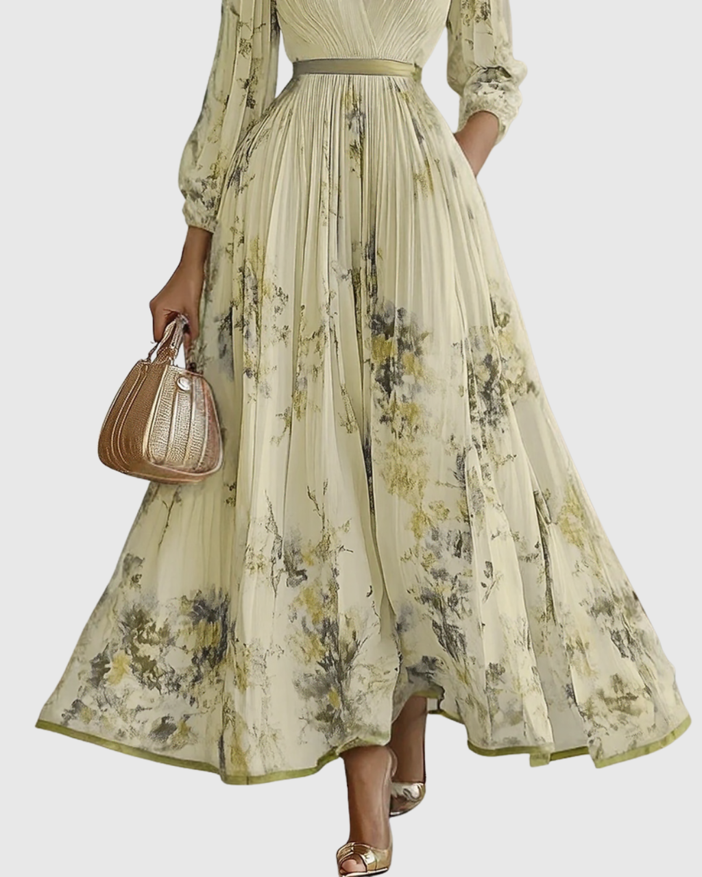 Women's Elegant Pleated Floral Long Dress V-Neck Long Sleeve Ribbon Waist Formal Casual – Rowella - Lolly 