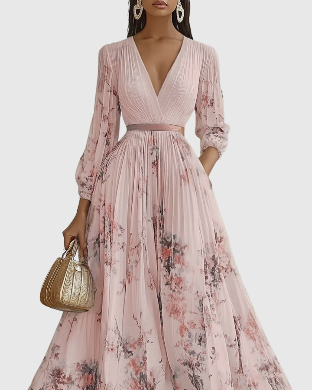 Women's Elegant Pleated Floral Long Dress V-Neck Long Sleeve Ribbon Waist Formal Casual – Rowella - Lolly 