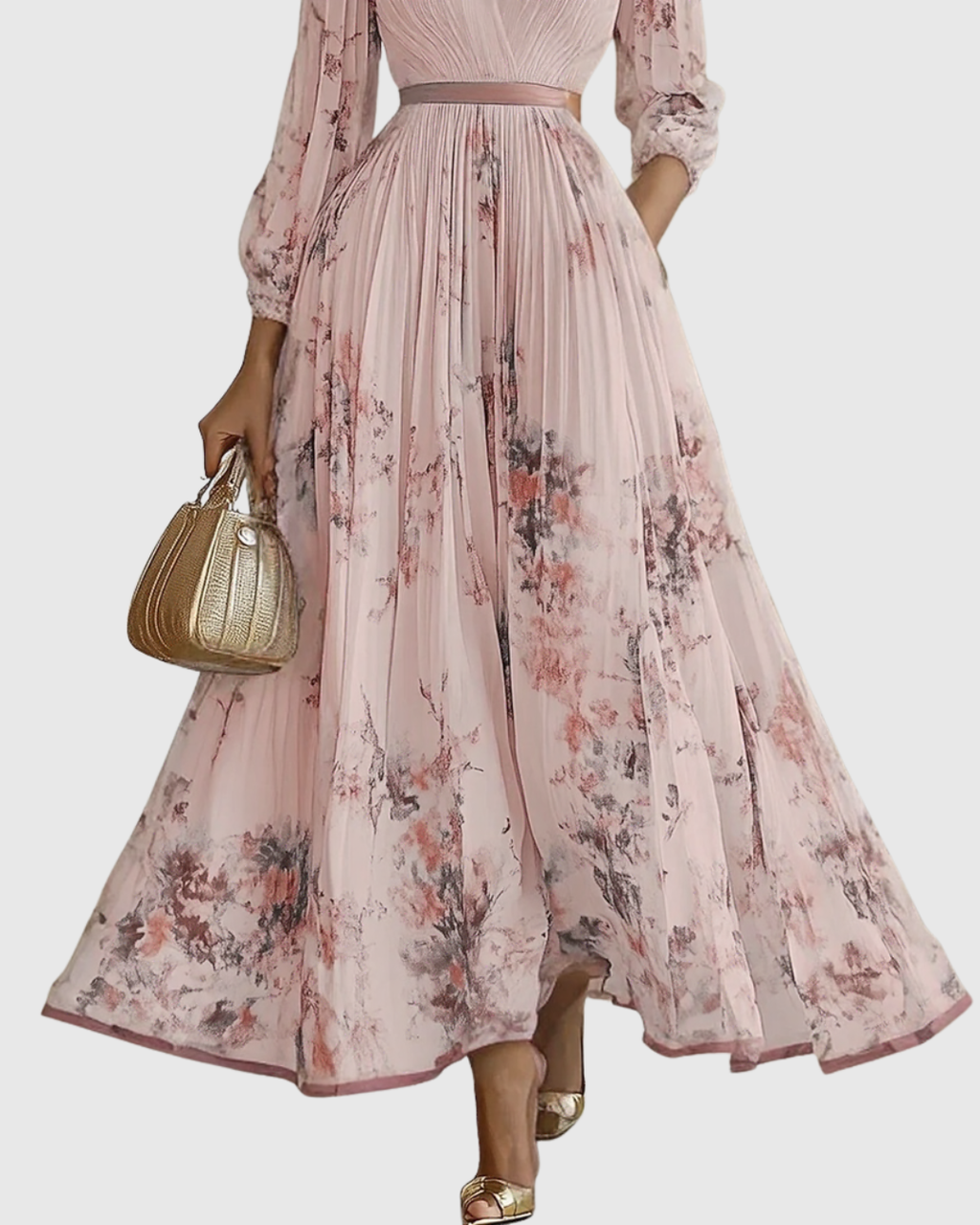 Women's Elegant Pleated Floral Long Dress V-Neck Long Sleeve Ribbon Waist Formal Casual – Rowella - Lolly 