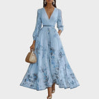 Women's Elegant Pleated Floral Long Dress V-Neck Long Sleeve Ribbon Waist Formal Casual – Rowella - Lolly 