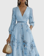 Women's Elegant Pleated Floral Long Dress V-Neck Long Sleeve Ribbon Waist Formal Casual – Rowella - Lolly 