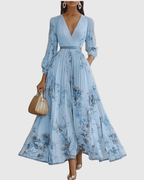 Women's Elegant Pleated Floral Long Dress V-Neck Long Sleeve Ribbon Waist Formal Casual – Rowella - Lolly 