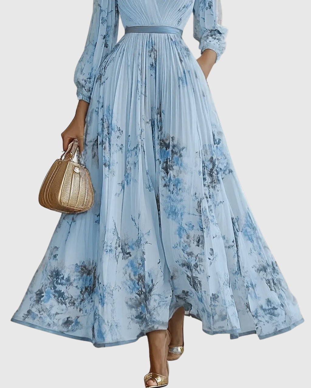Women's Elegant Pleated Floral Long Dress V-Neck Long Sleeve Ribbon Waist Formal Casual – Rowella - Lolly 