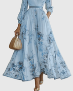 Women's Elegant Pleated Floral Long Dress V-Neck Long Sleeve Ribbon Waist Formal Casual – Rowella - Lolly 