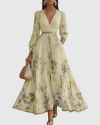 Women's Elegant Pleated Floral Long Dress V-Neck Long Sleeve Ribbon Waist Formal Casual – Rowella - Lolly 