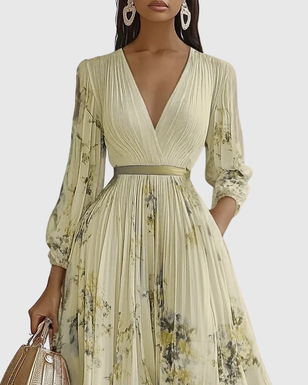 Women's Elegant Pleated Floral Long Dress V-Neck Long Sleeve Ribbon Waist Formal Casual – Rowella - Lolly 