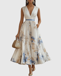 Women's Elegant Pleated Floral Long Dress V-Neck Long Sleeve Ribbon Waist Formal Casual – Rowella - Lolly 