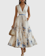 Women's Elegant Pleated Floral Long Dress V-Neck Long Sleeve Ribbon Waist Formal Casual – Rowella - Lolly 