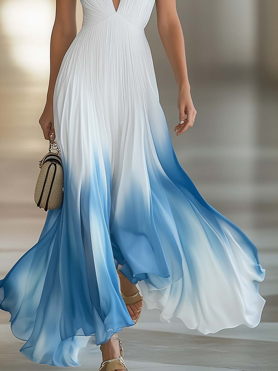 Women's Elegant Pleated Long Dress Chiffon V-Neck Wedding Guest Formal Party Summer Dress – Blue Gradient White - Lolly 