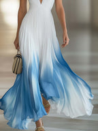 Women's Elegant Pleated Long Dress Chiffon V-Neck Wedding Guest Formal Party Summer Dress – Blue Gradient White - Lolly 