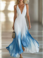 Women's Elegant Pleated Long Dress Chiffon V-Neck Wedding Guest Formal Party Summer Dress – Blue Gradient White - Lolly 