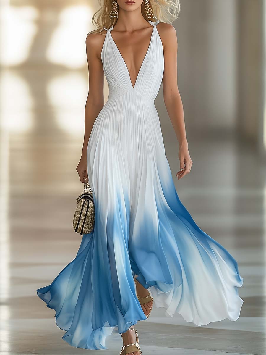 Women's Elegant Pleated Long Dress Chiffon V-Neck Wedding Guest Formal Party Summer Dress – Blue Gradient White - Lolly 