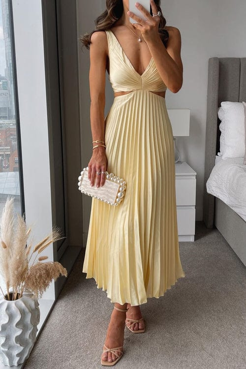 Women's Elegant Pleated Midi Dress Formal Summer Party Wedding Guest Casual V-Neckline – Sanne - Lolly 