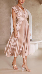 Women's Elegant Pleated Midi Dress V-Neck Wrap Flowing Wedding Guest Casual Evening Formal – Maria - Lolly 