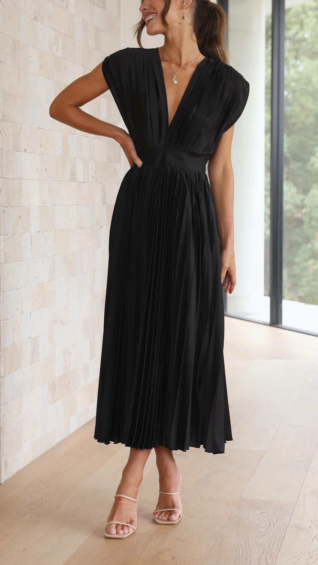 Women's Elegant Pleated Midi Dress V-Neck Wrap Flowing Wedding Guest Casual Evening Formal – Maria - Lolly 