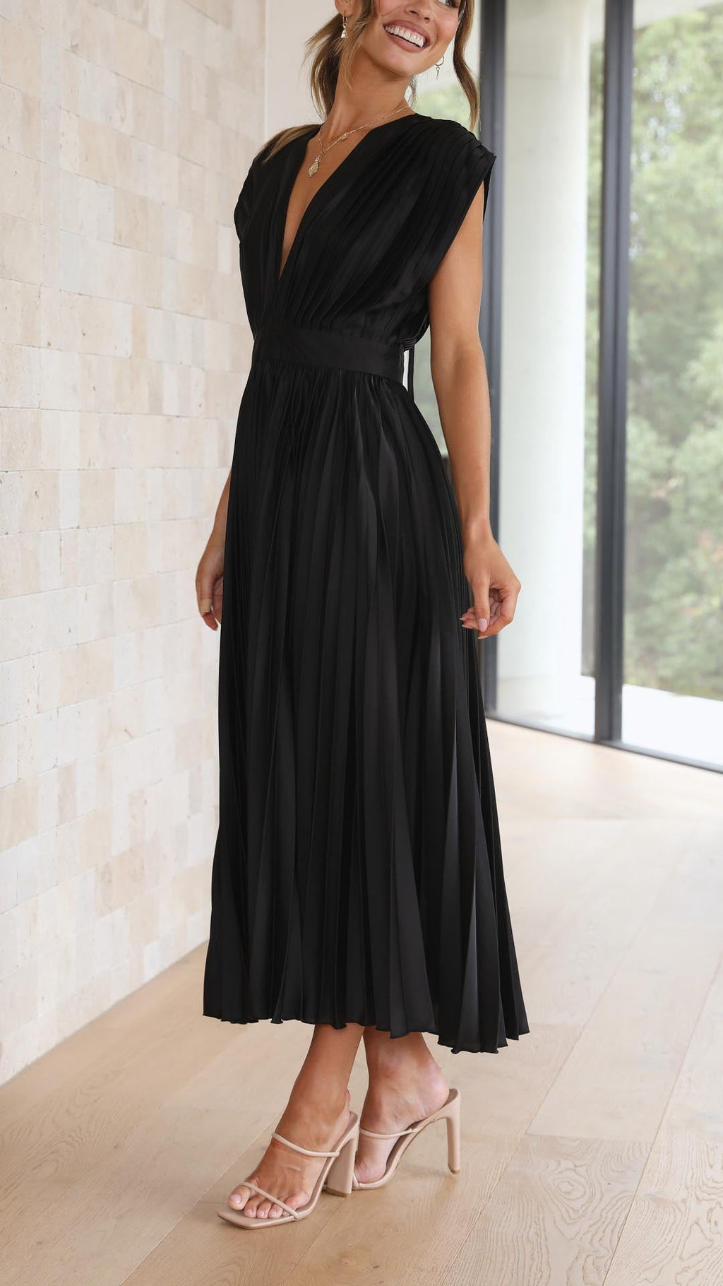 Women's Elegant Pleated Midi Dress V-Neck Wrap Flowing Wedding Guest Casual Evening Formal – Maria - Lolly 
