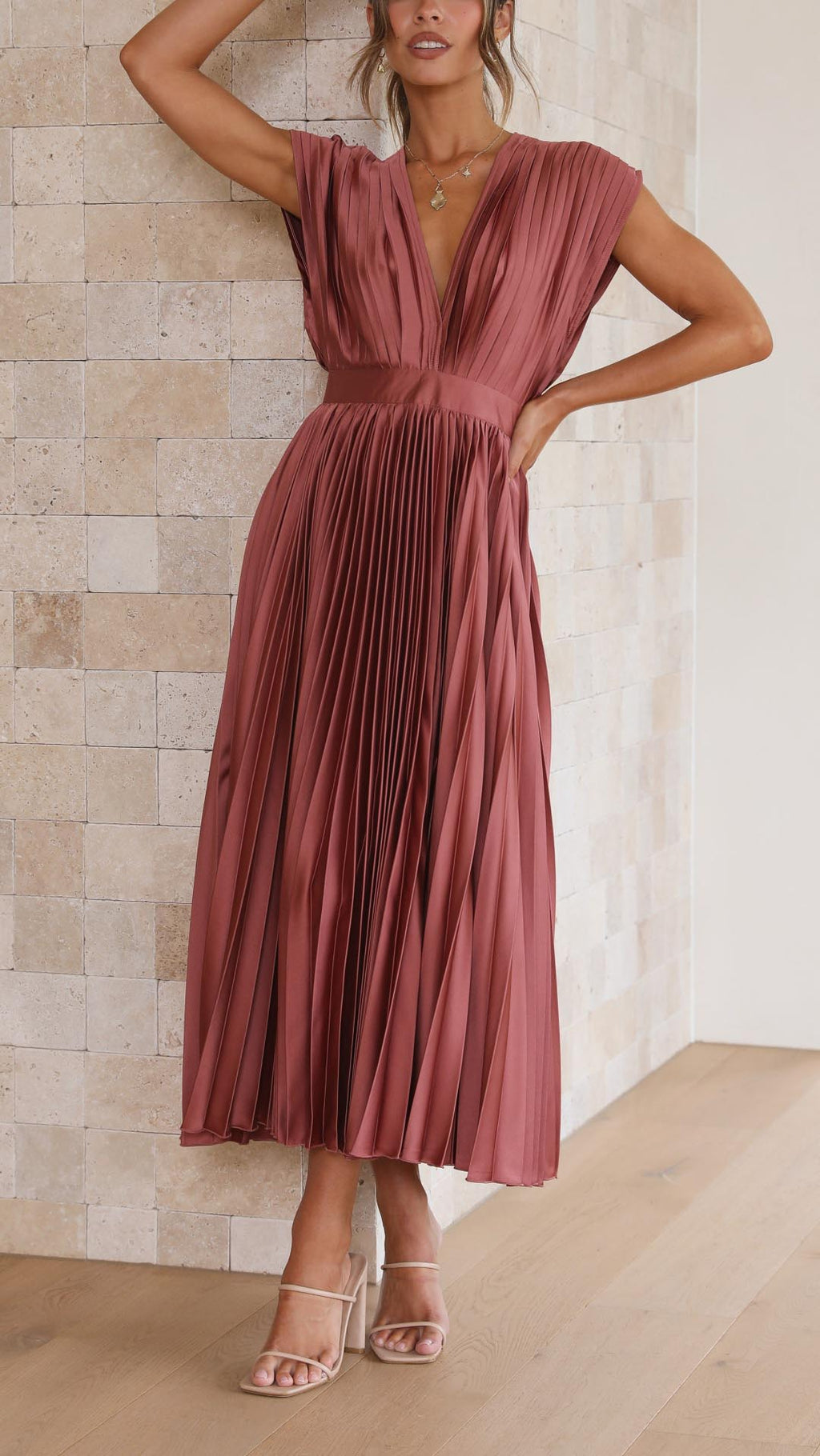 Women's Elegant Pleated Midi Dress V-Neck Wrap Flowing Wedding Guest Casual Evening Formal – Maria - Lolly 