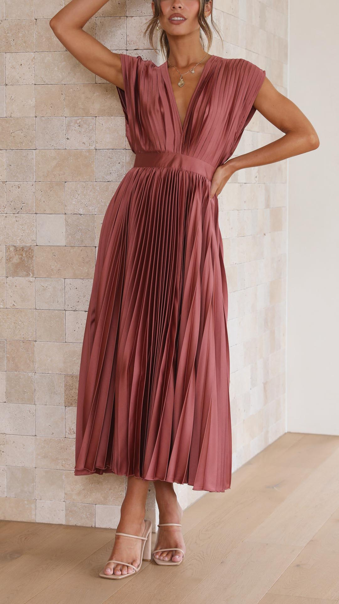 Women's Elegant Pleated Midi Dress V-Neck Wrap Flowing Wedding Guest Casual Evening Formal – Maria - Lolly 