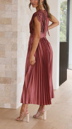 Women's Elegant Pleated Midi Dress V-Neck Wrap Flowing Wedding Guest Casual Evening Formal – Maria - Lolly 
